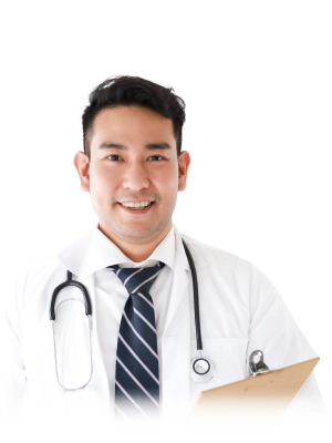 Smiling doctor in white lab coat